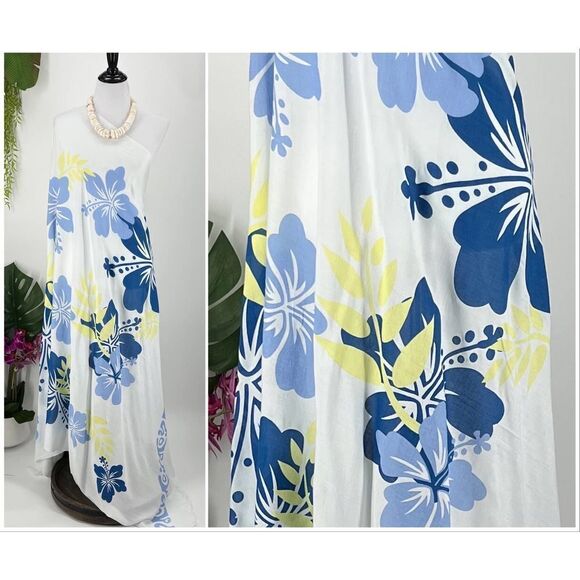 White Blue Yellow Tropical Hibiscus MAXI SARONG Kīkepa Pareo Beach Wrap Skirt - Picture 3 of 4
